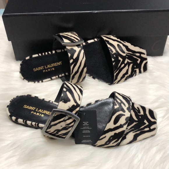 Yves Saint Laurent Shoes - SAINT LAURENT Black Oak Zebra Print Buckle Sandals